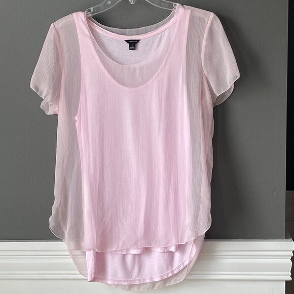 Ann Taylor Pink Tank w/ attached Short Sleeve Sheer Overlay Shirt Top Size Small - Picture 1 of 5